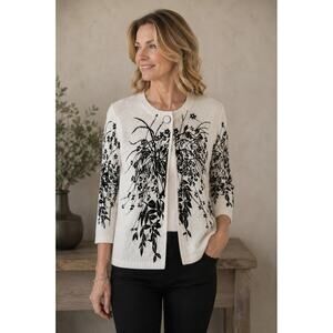 Carole Little Embroidered  Artistic Floral Cardigan Sweater Whimsical Chic M